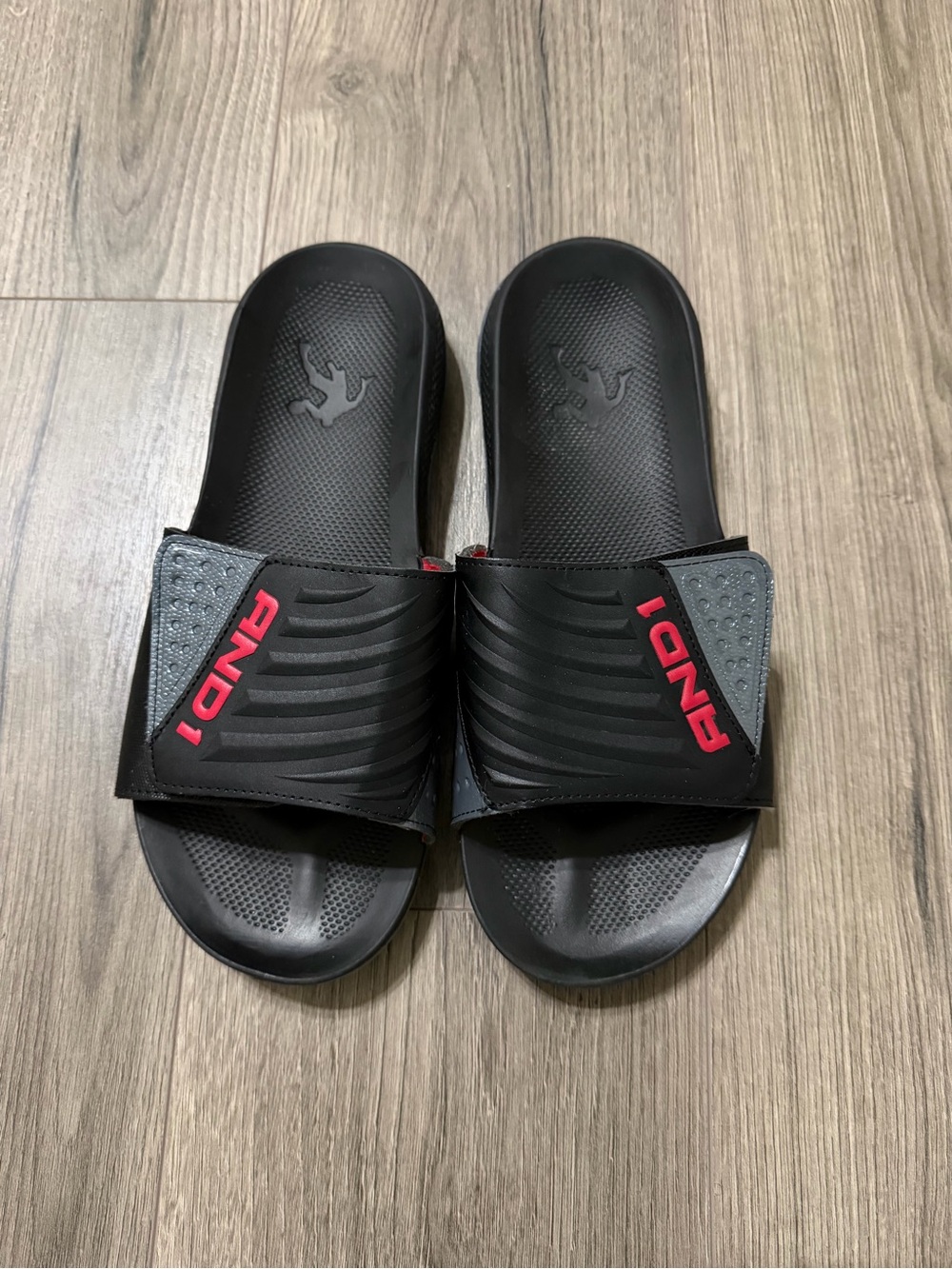 AND1 Black Slide Sandals with Red Logo Accents